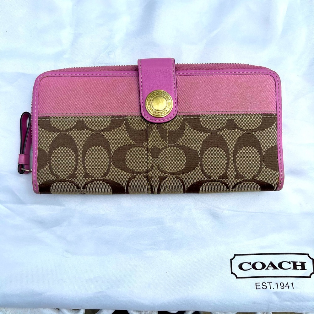 COACH Pink and Khaki Signature C Wallet